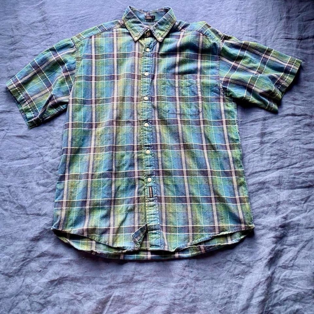 Vintage 90s Dockers Men's Plaid Shirt - Green and Blue
